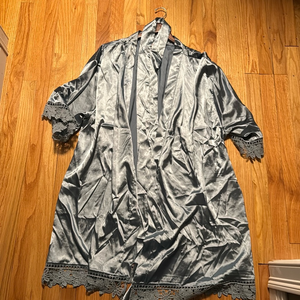 Birdy Grey Silver Satin Robe with Lace Trim